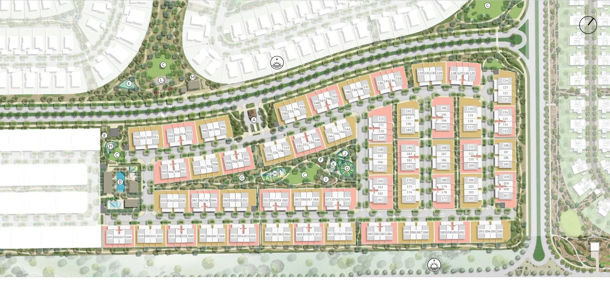 Alva cluster map showing Type A and Type B townhouse rows, 3 and 4-bedroom units and the lettered amenities