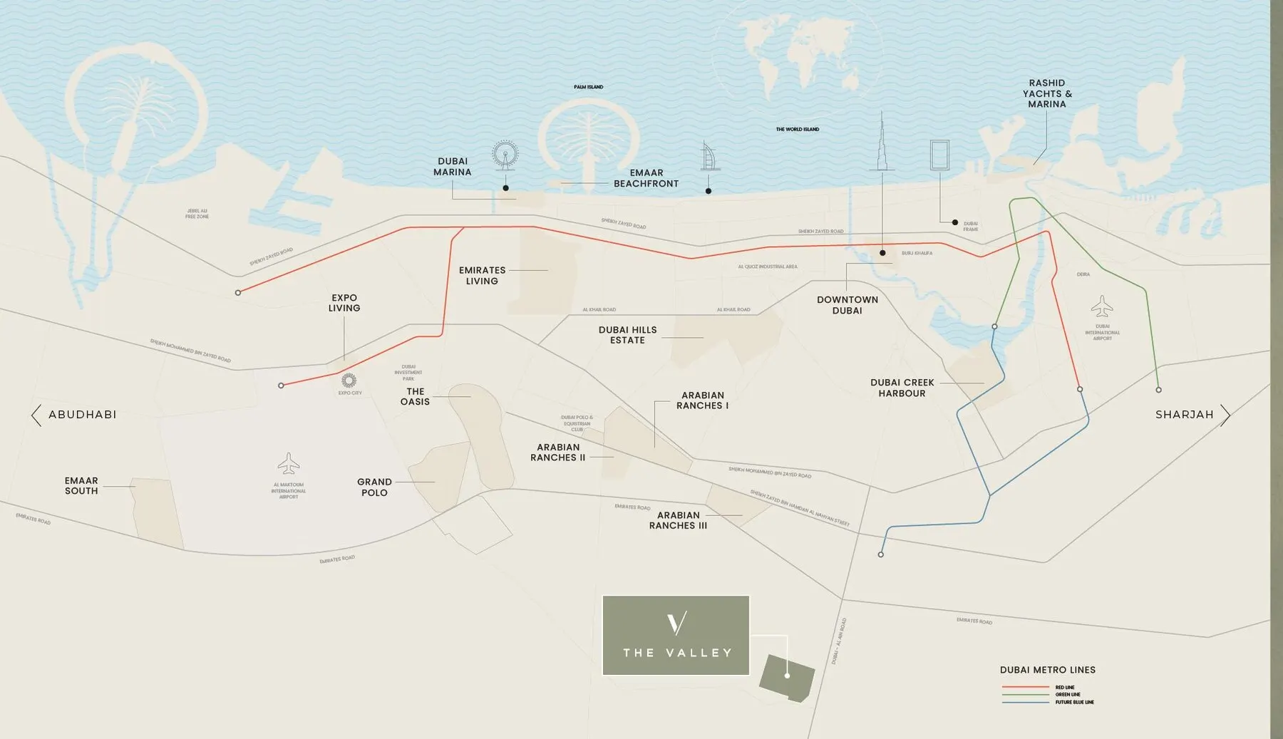Map of Dubai showing The Valley on the Dubai–Al Ain Road relative to Downtown, Dubai Hills Estate, Arabian Ranches and the Dubai Metro lines
